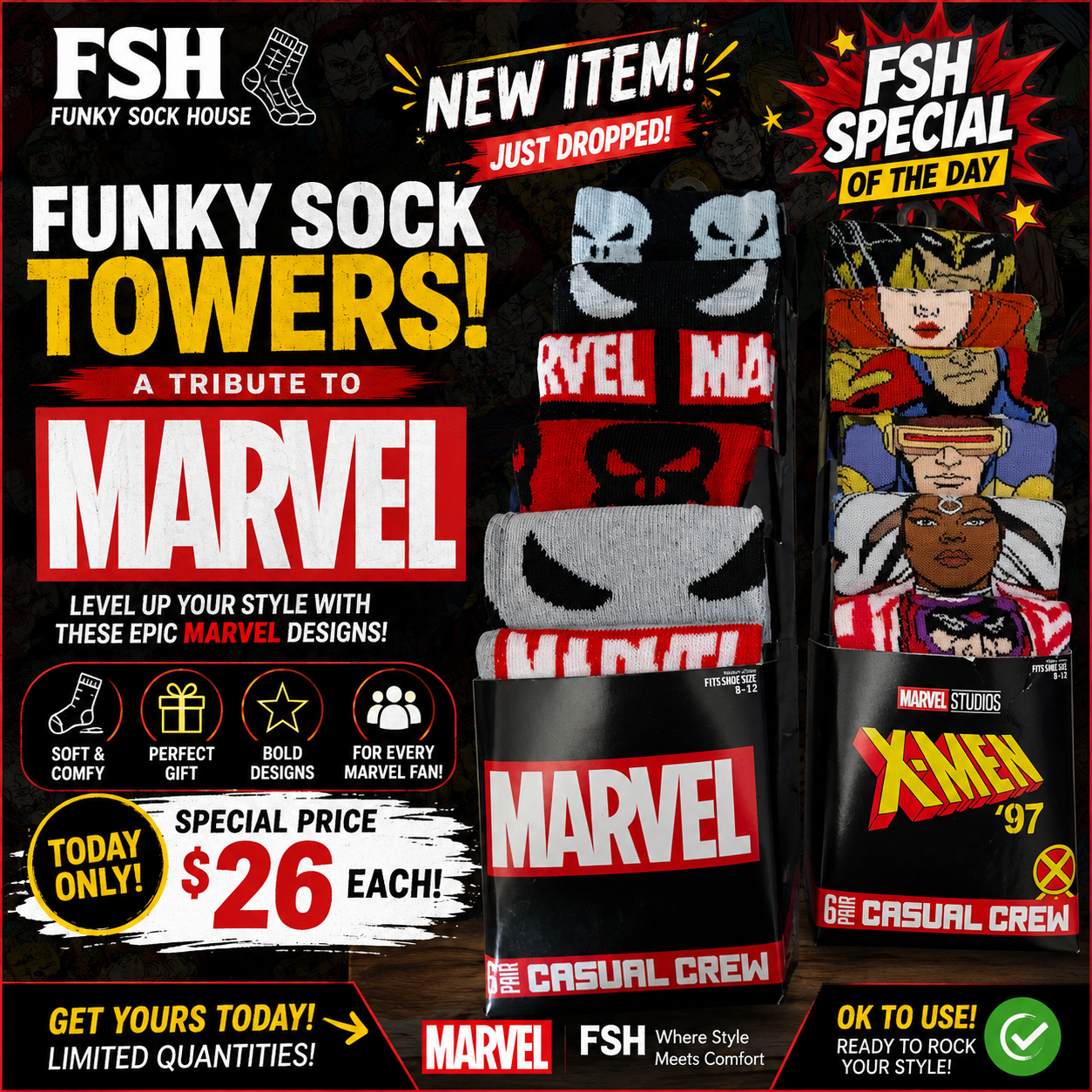 Marvel Funky Sock Tower FSH special flyer